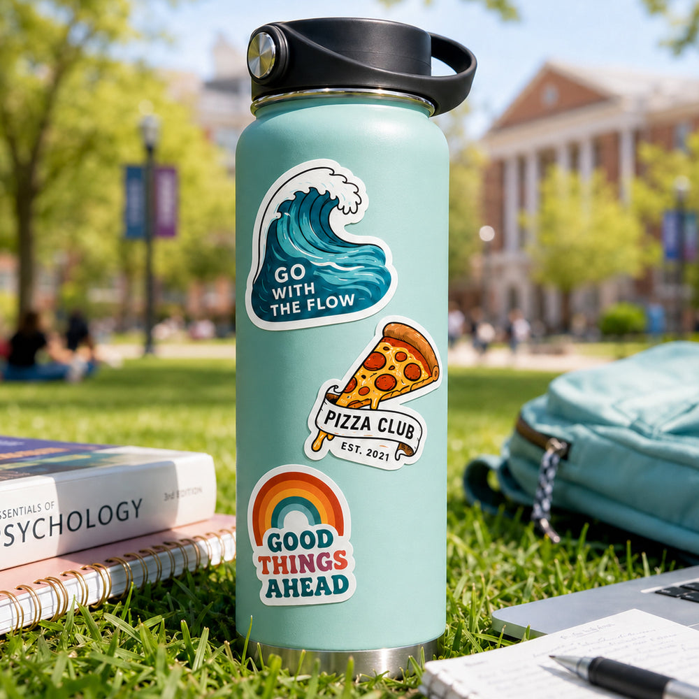 Custom branded stickers on a water bottle