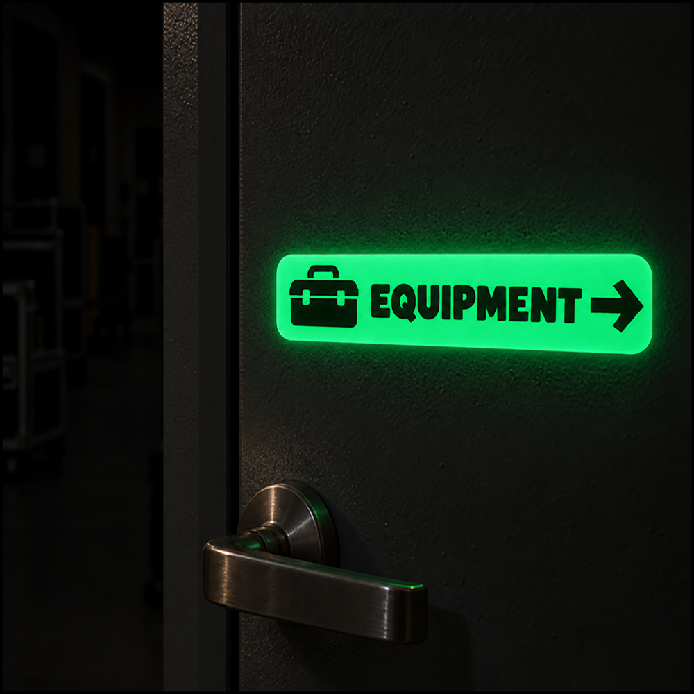 Glow in the dark equipment label on a dark door