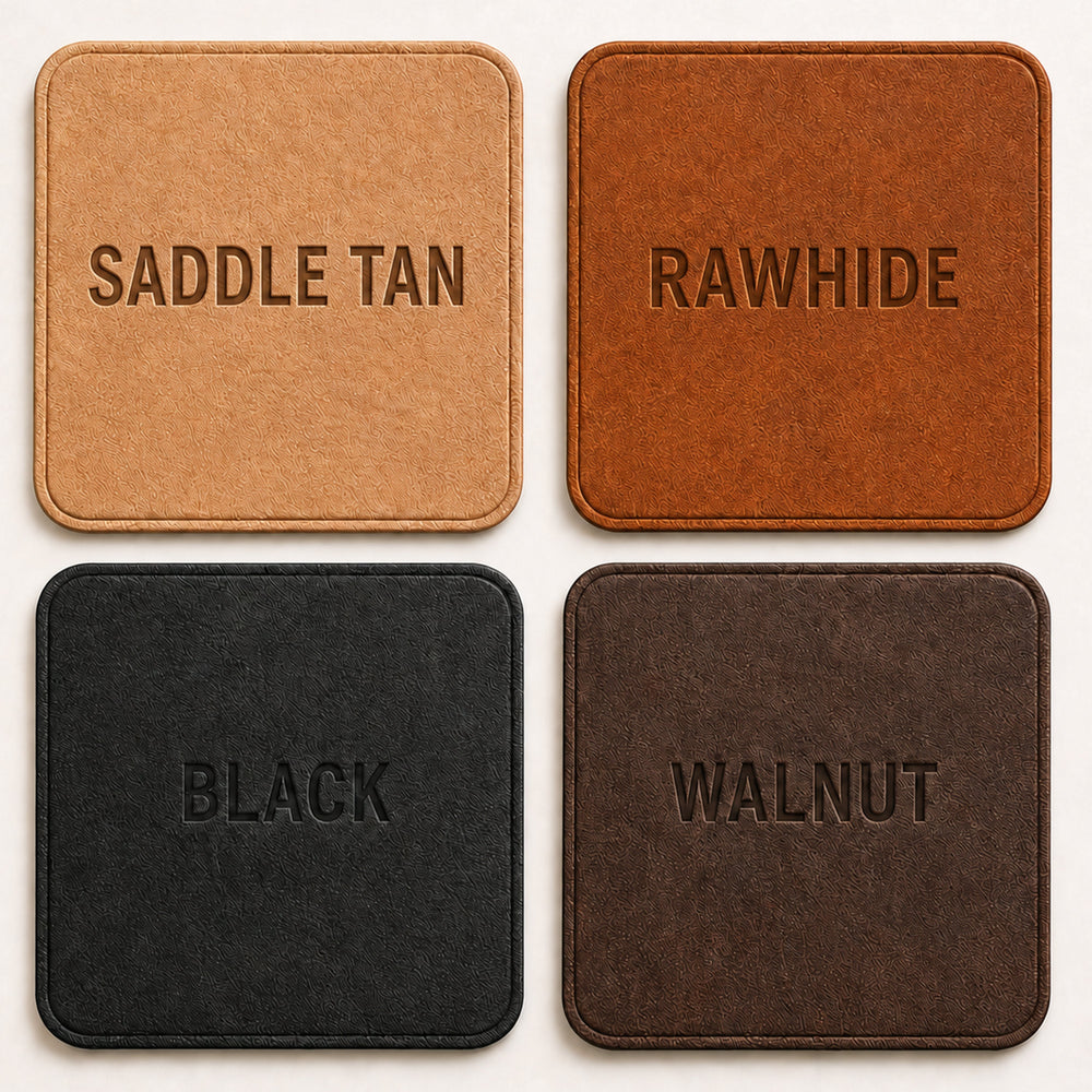 Close-up of laser-engraved leatherette patches on Richardson 112 hats