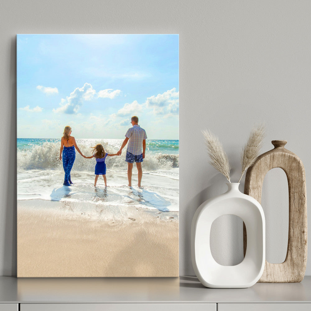 Custom canvas print styled on a sideboard — gallery wrapped