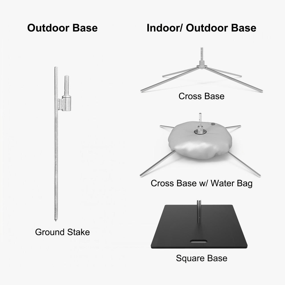 Base options — ground stake, cross base, water bag, or square base
