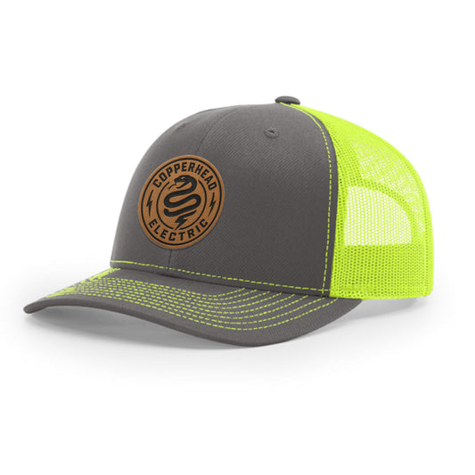 Custom Richardson 112 Leather Patch Hats - Charcoal / Neon Yellow